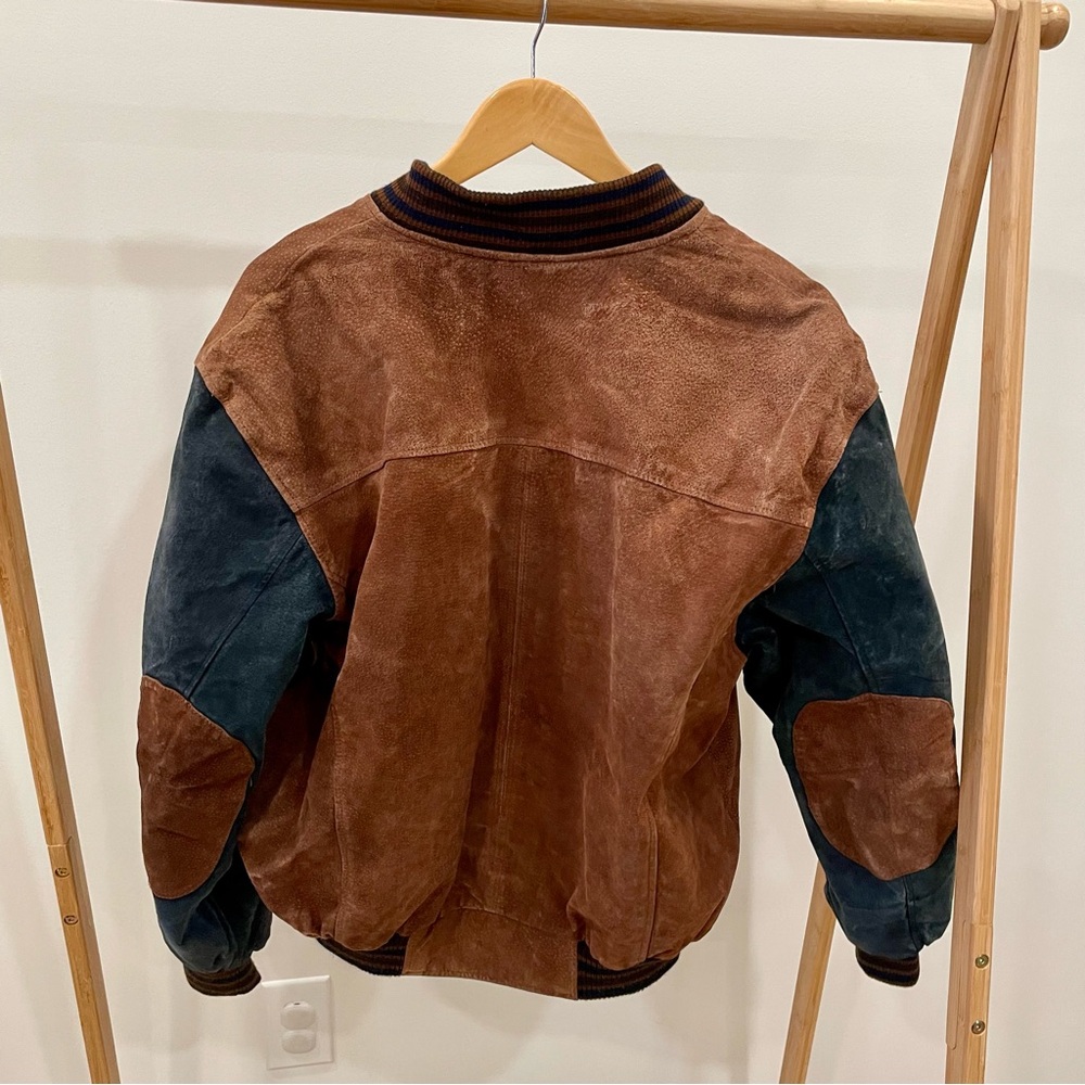 Vintage Suede Leather Varsity Baseball Bomber Jacket in Navy/Caramel Brown - Picture 5 of 6